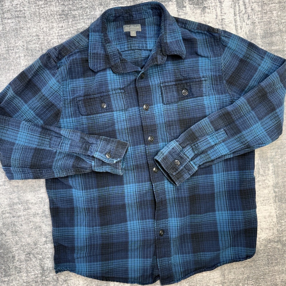 LL Bean Flannel Shirt Mens Large Slim Blue Plaid Signature Chamois Cloth Heavy